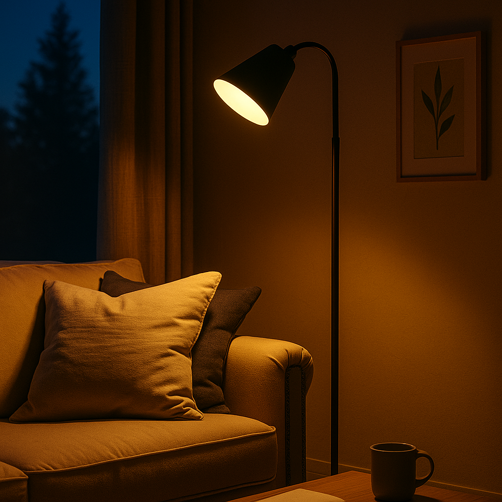 Skandinavische LED Stehlampe aus Holz & Metall