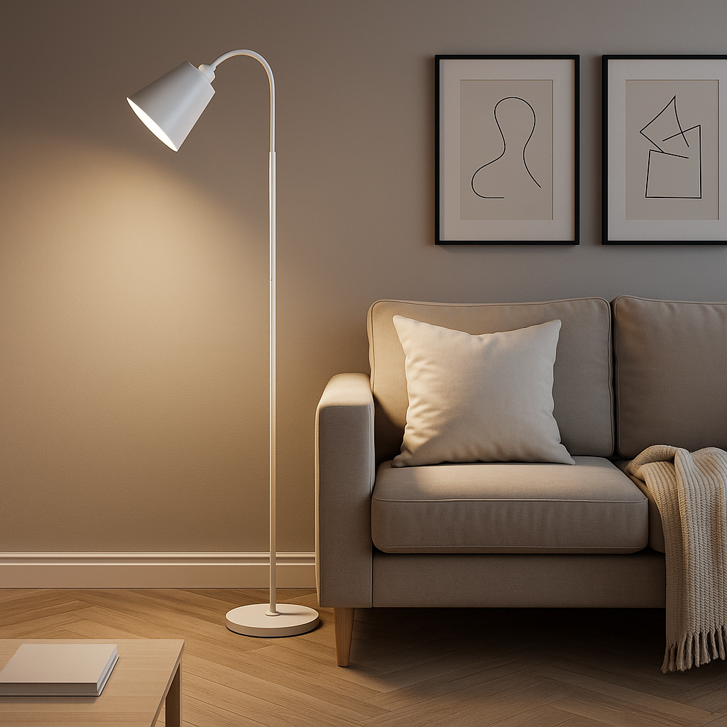 Skandinavische LED Stehlampe aus Holz & Metall