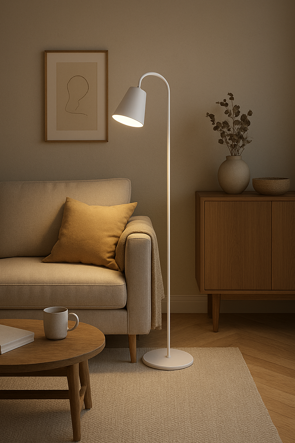 Skandinavische LED Stehlampe aus Holz & Metall