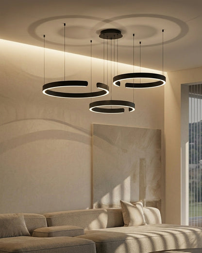 Manial. LED Kronleuchter Modern Schwarz Gold – Ring Pendelleuchte