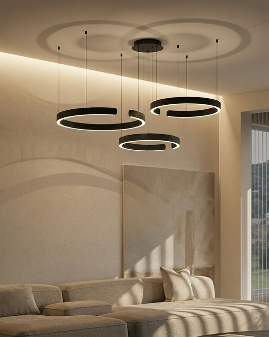 Manial. LED Kronleuchter Modern Schwarz Gold – Ring Pendelleuchte